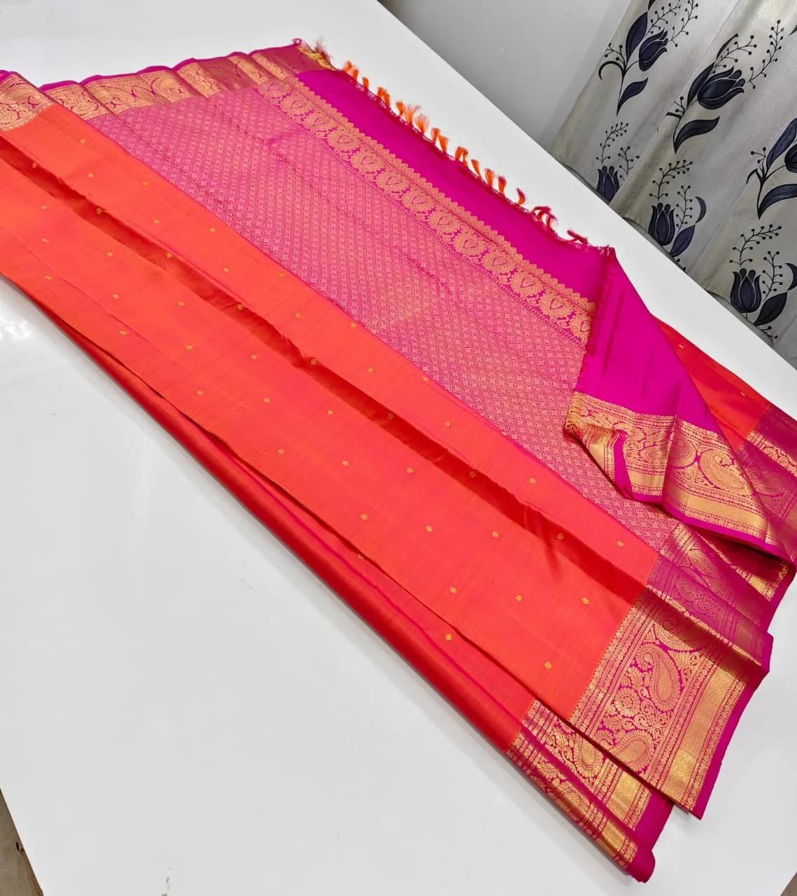 Orange with Pink Zari Border Paithani Silk Saree